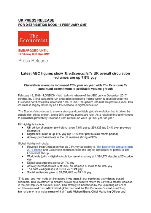 Latest ABC figures show The Economist’s UK overall circulation volumes are up 7.8% yoy