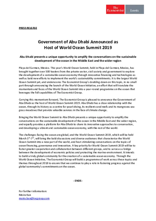 Government of Abu Dhabi Announced as Host of World Ocean Summit 2019