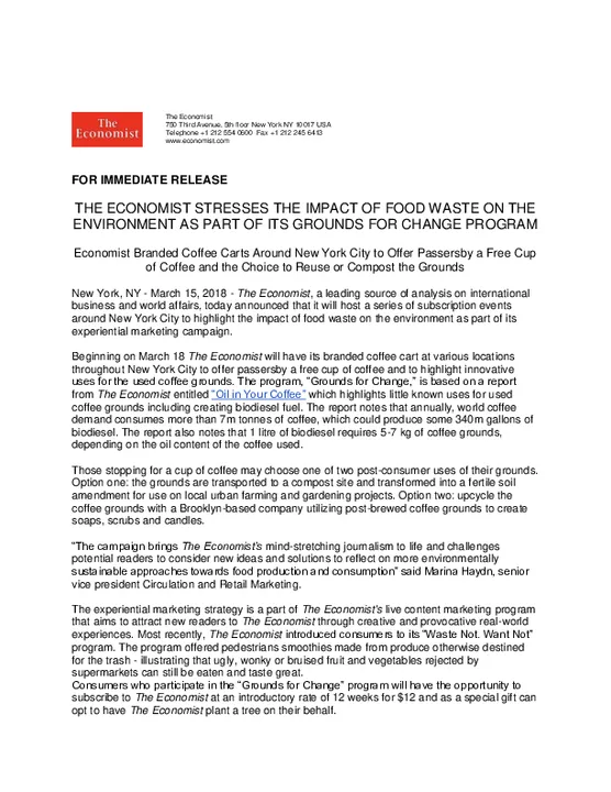 THE ECONOMIST STRESSES THE IMPACT OF FOOD WASTE ON THE ENVIRONMENT AS PART OF ITS GROUNDS FOR CHANGE PROGRAM