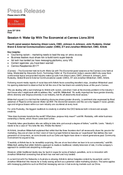 Wake Up With The Economist at Cannes Lions 2016 - Fourth Panel Session