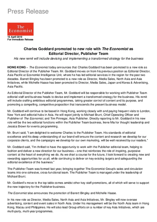 Charles Goddard promoted to new role with The Economist as 
Editorial Director, Publisher Team

