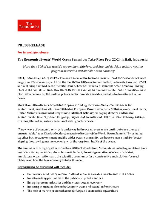 The Economist Events’ World Ocean Summit to Take Place Feb. 22-24 in Bali, Indonesia 