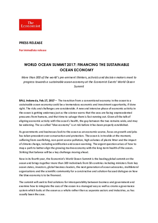 World Ocean Summit 2017: Financing the Sustainable Ocean Economy