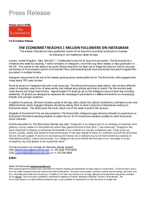 THE ECONOMIST REACHES 1 MILLION FOLLOWERS ON INSTAGRAM